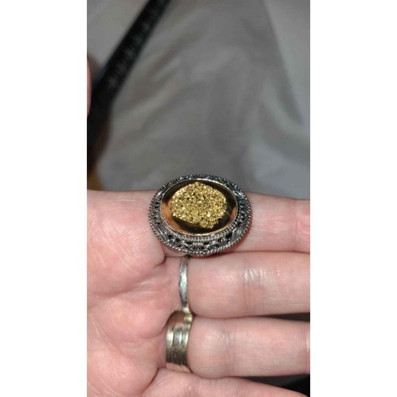 Sterling Silver Large Gold Drusy Ring Size 9 - Picture 7 of 8